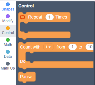 On the left is the menu option, Control has an orange dot. On the right are three blocks. The first one is a loop shape, it has connectors on the top and bottom, and also connectors inside it.